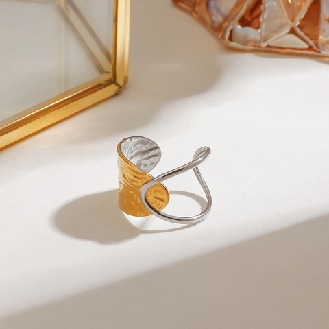Asymmetrischer Offener Ring Edelstahl Hammerschlag Textur Gold Silber Zweifarbig Verstellbar Hohl Minimalistischer Schmuck