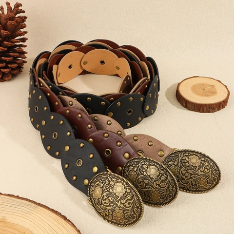 Vintage Bohemian PU Leather Belt With Large Carved Alloy Buckle Rivet Oval Studded Waist Seal For Women Punk Streetwear Decorative Waistband
