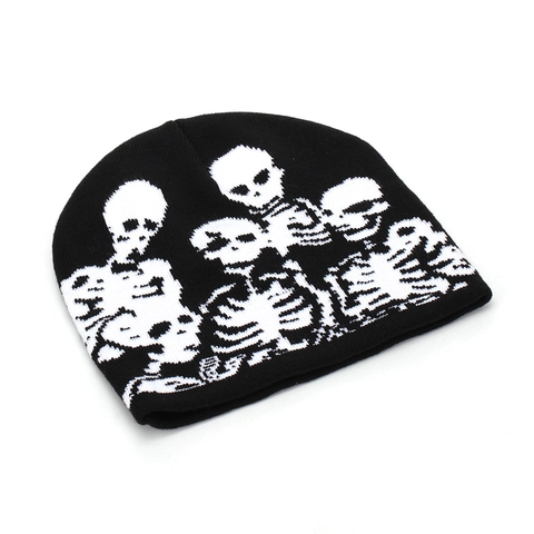 Skull Skeleton Embroidered Knit Beanie Acrylic Warm Windproof Winter Hat Gothic Punk Streetwear Unisex