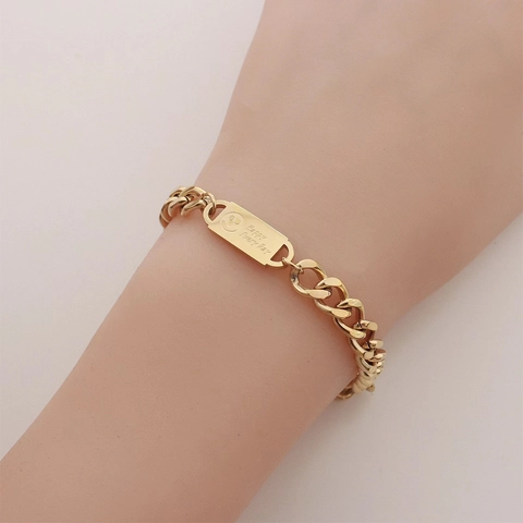 Pulsera De Cadena Cubana Acero Inoxidable Cara Sonriente Happy Every Day Placa Grabada Hip Hop Joyería De Moda Para Hombres Mujeres