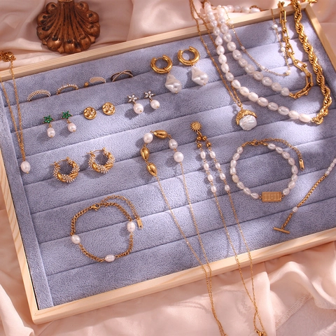Juego de Joyas de Acero Inoxidable con Perlas de Agua Dulce Vintage para Mujer Elegante Collar Pulsera Pendientes