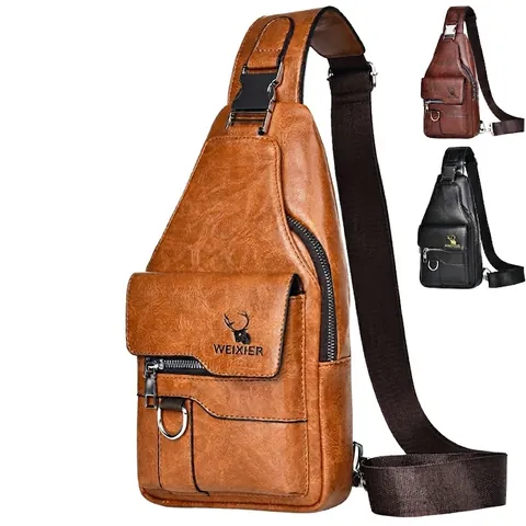 Men Retro Chest Bag Waterproof PU Leather Crossbody Sling Shoulder Bag Daily Travel Casual Vintage Style Large Capacity