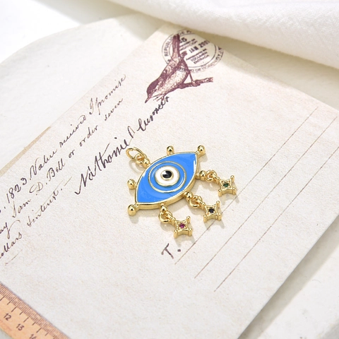 Evil Eye Anhänger Kupfer 18K Vergoldet Blau Emaille Stern Quaste Bunter Zirkon Vintage Türkischer Schmuck Für Damen