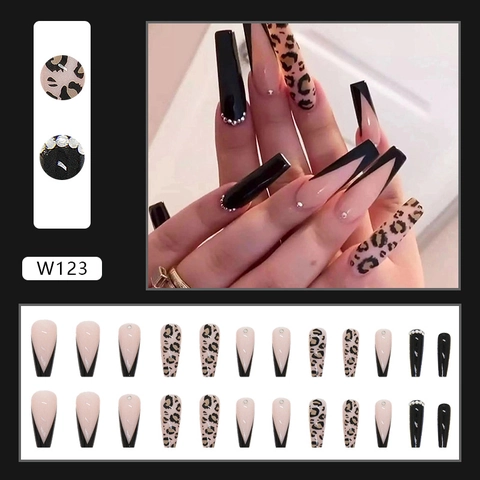 Lange Sarg Form Kunstnägel Leopard Druck Schwarz V Form Französisch Design Strass Künstliche Fingernägel Damen