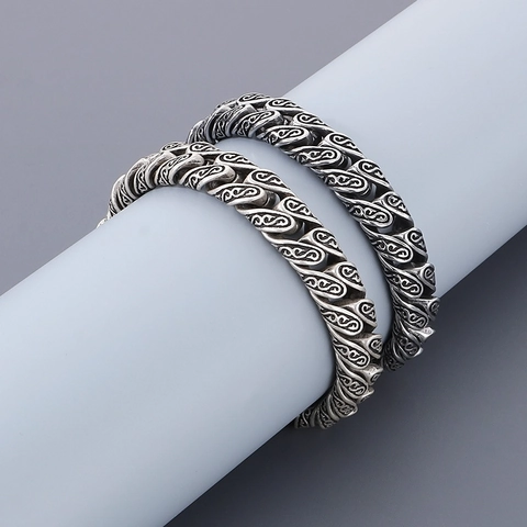 Bracciale A Catena Da Uomo Retro Acciaio Inossidabile 316L Argento Antico Motivo Erba Tang Intagliato Stile Punk Etnico