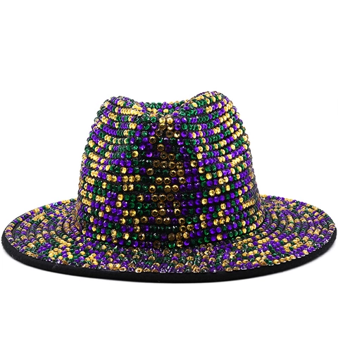 Rhinestone Fedora Hat Sparkly Bling Jazz Hat Wide Brim Glitter Carnival Party Panama Cap For Women Men Shiny Accessory