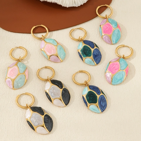Orecchini Pendenti Ovali in Acciaio Inossidabile Smaltato Vintage per Donna Orecchini Geometrici Multicolore con Goccia d'Olio Gioielli