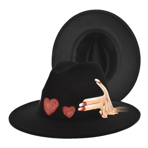 Hand Painted Fedora Hat For Women Men Wide Brim Artistic Graffiti Butterfly Print Jazz Hat Wool Felt Street Style Cap