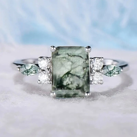 Vintage Emerald Cut Moss Agate Pattern Ring Copper Zircon Inlaid Elegant New Chinese Style Accessory For Women