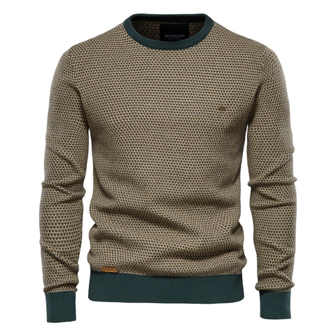 Men Knitted Sweater Crew Neck Long Sleeve Honeycomb Textured Cotton Blend Slim Fit Casual Pullover Top