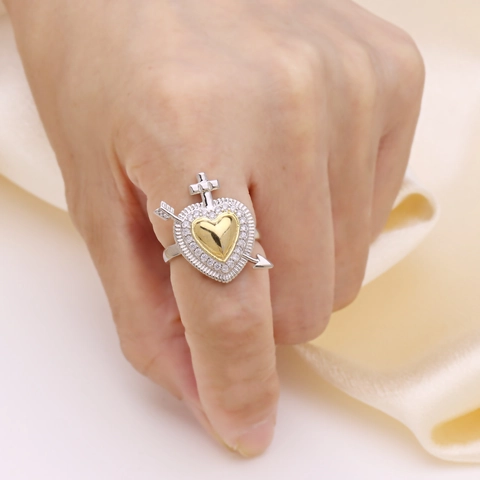 Heart Crown Wings Open Ring Two Tone Copper Zircon Adjustable Fashion Jewelry For Women Stylish Accessory Personal Gift