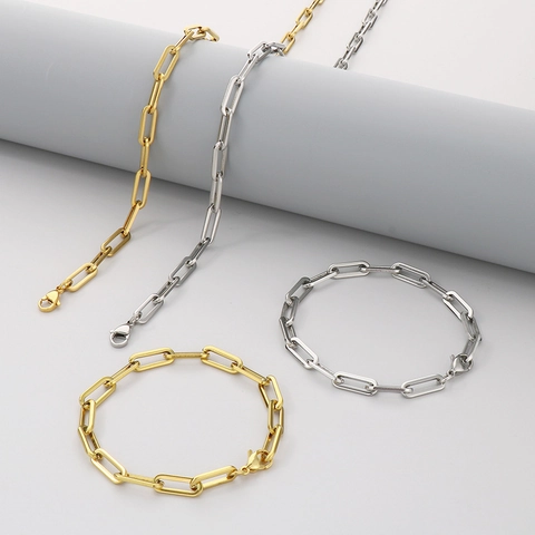 Paperclip Chain Necklace And Bracelet Jewelry Set Titanium Stainless Steel Minimalist Punk Hip Hop For Men Women