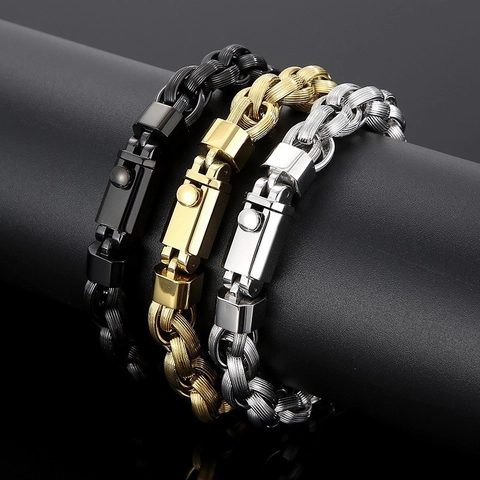 Men Stainless Steel Chain Bracelet Hip Hop Punk Heavy Metal Jewelry With Mechanical Clasp For Male Boys Gold Black