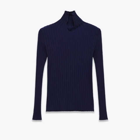 Pull En Tricot Côtelé Pour Femmes Col Roulé Découpe En Goutte D'eau Manches Longues Coupe Slim Top Élégant Bleu Marine