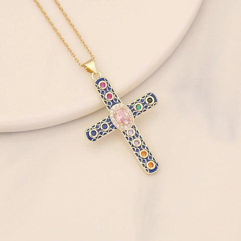 Collana Con Pendente A Croce Vintage Rame Smalto Colorato Intarsio Zirconia Cubica Gioielli Retrò Per Donna