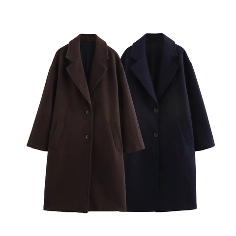 Women's European Fashion Loose Long Sleeve Lapel Coat Mid-Length Double Breasted Polyester Woolen Look Jacket Outerwear