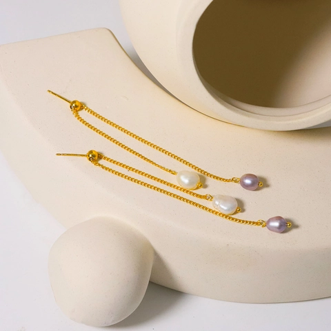 Pendientes de Borla de Perla de Agua Dolce Natural de Diseño Original Con Poste de Plata de Ley 925 Chapado en Oro 18K Cadena Larga Ajustable Joyería Mujer
