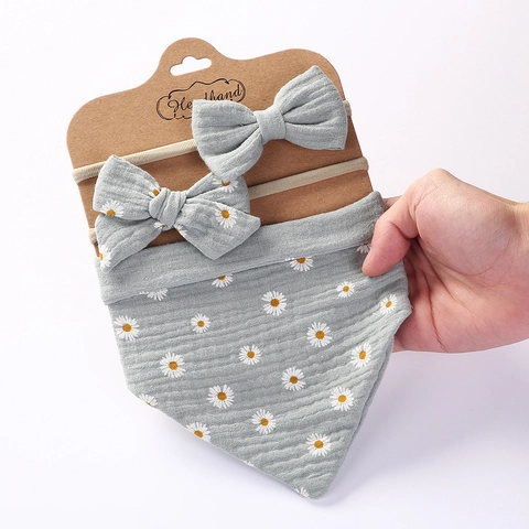 Baby Bibs And Bow Headbands Muslin Cotton Waterproof Triangle Saliva Towel Floral Print Headwear For Infants Toddlers