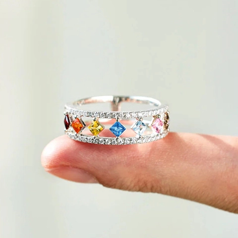 Regenboog Edelsteen Ring Koper Zirkoon Dubbellaags Holle Band Prinses Slijpvorm Geometrische Sieraden Voor Dames