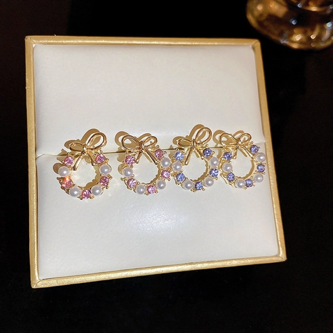 Orecchini A Lobo Con Fiocco E Corona In Lega Strass Con Perla Artificial Sintetica E Perno In Argento Moda Coreana Per Donna