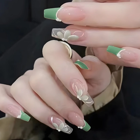 Uñas Postizas Largas Ataúd Con Flor 3D Perla Artificial Verde Estilo Francés Dulces Elegantes Uñas Artificiales