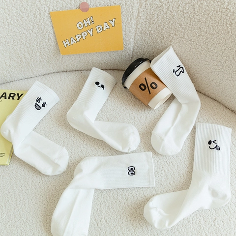 Women Cotton Crew Socks Funny Embroidered Expression Ins Style Breathable Casual Novelty Mid Calf Ribbed Hosiery