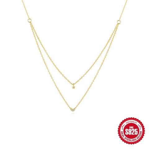 925 Sterling Silver Double Layer Necklace With Heart Star Zircon Pendants Gold Plated For Women
