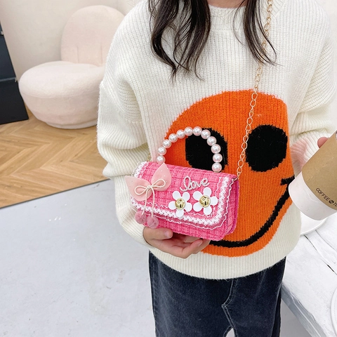 Kids Mini Crossbody Bag Tweed Fabric With Artificial Pearl Handle And Metal Chain Shoulder Handbag For Little Girls Princess Style