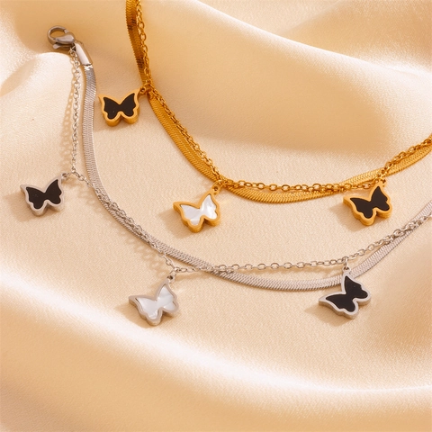 Pulsera Doble Capa Mariposa Acero Inoxidable Cadena De Serpiente Joyería Colgante Esmalte Ajustable Para Mujeres Niñas