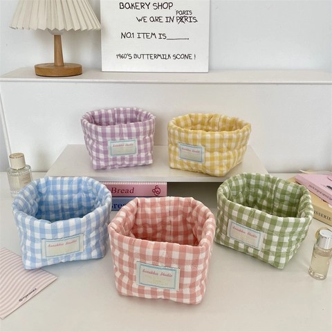 Quilted Fabric Storage Basket Gingham Check Heart Pattern Soft Desktop Cosmetics Stationery Organizer Macaron Colors