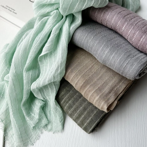 Pleated Scarf Shawl Modal Viscose Fabric With Fringed Edges Solid Color Striped Texture Lightweight Wrap For Women