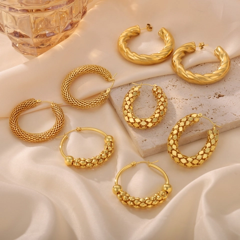 Hoop Earrings Stainless Steel 18K Gold Plated Textured Geometric U Shape Twisted Mesh Jewelry Accessory For Women