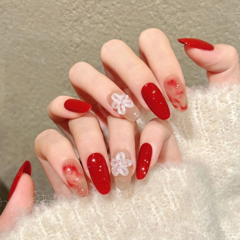 Uñas Postizas Hechas A Mano Mármol Rojo Efecto Humo Flor Blanca 3D Ovaladas Elegantes Brillantes Uñas Artificiales Para Mujeres
