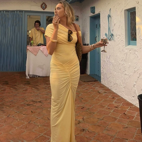 Vestito Maxi Monospalla Arricciato Da Donna Sexy Con Spacco Alto Aderente Poliestere Elegante Festa Serale Lungo