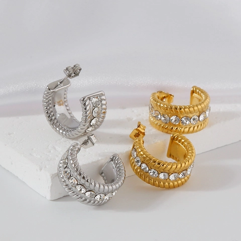 Cubic Zirconia Twisted Rope Hoop Earrings 316 Stainless Steel 18K Gold Plated C Shape Studs For Women Fashion Jewelry