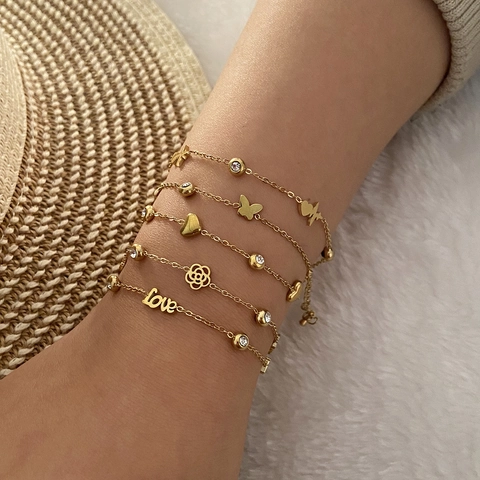 Roestvrijstalen Armbanden Voor Dames Goud Minimalistisch Hart Vlinder Zirkoon Verstelbare Elegante Mode-Sieraden
