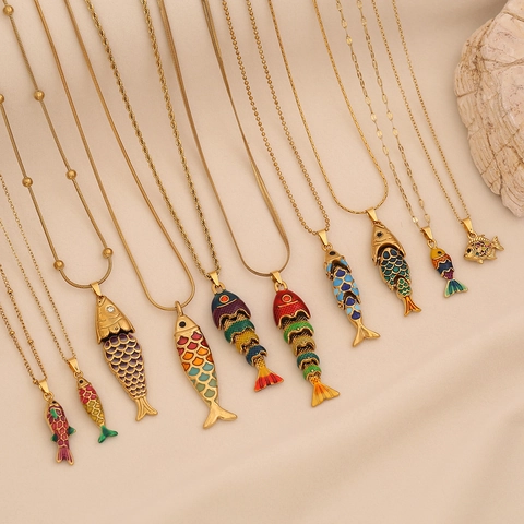 Kleurrijke Emaille Vis Hanger Ketting Roestvrij Staal Gelede Koi Tropische Vis 3D Dier Sieraden Voor Vrouwen
