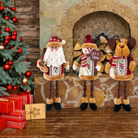 Bambole Di Natale Babbo Natale Pupazzo Di Neve Renna Tessuto Peluche Perline Legno Gambe Lunghe Decorazioni Tavolo