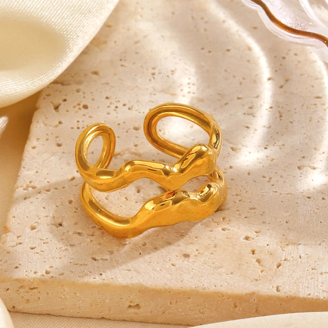 Anillo Geométrico De Línea Ondulada Doble Capa Acero Inoxidable Ajustable Abierto Para Mujer Joyería Minimalista