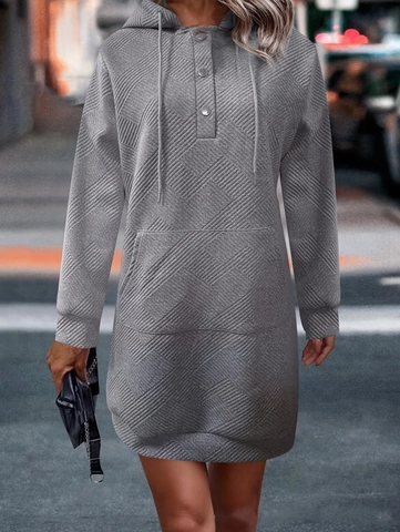 Women Hooded Sweatshirt Dress Long Sleeve Knitted Geometric Texture Midi Dress With Kangaroo Pocket Polyester Spandex