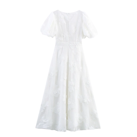 Abito Maxi Elegante Con Scollo A V Maglia Fiori 3D Maniche A Sbuffo Vita Alta Stile Francese Dolce Per Donne