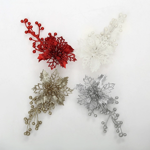 Christmas Flower Poinsettia Ornaments With Glitter Berries Artificial Floral Decoration For Holiday Tree Party Festive Decor