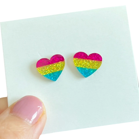 Heart Stud Earrings Acrylic Glitter With Resin Earring Post LGBTQ Pride Flag Rainbow Sparkly Festival Party Jewelry