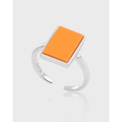 Anello Quadrato Geometrico in Argento Sterling 925 per Donna Intarsiato con Turchese Arancione Anello Aperto Regolabile Gioielli di Moda Elegante