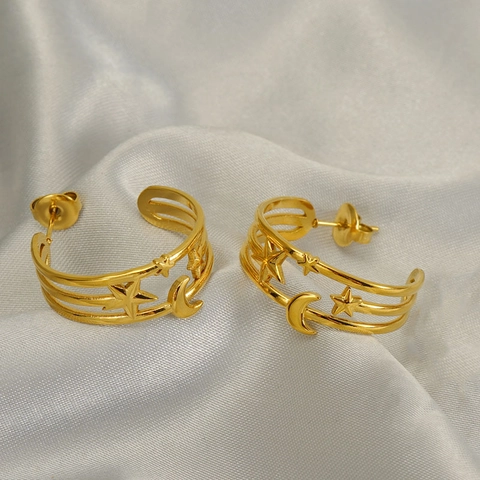 Goud Vergulde Roestvrijstalen Creolen Met Holle Ster En Maan C-Vormige Meerlaagse Geometrische Sieraden Voor Dames Minimalistisch