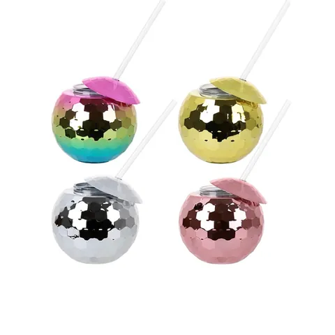 Disco Ball Drinking Cup With Straw And Lid Plastic Electroplated Mirror Reflective Party Retro Style Decorative