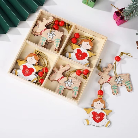 Christmas Hanging Ornaments Wooden Painted Angel Santa Snowman Reindeer Holiday Xmas Tree Decoration Cartoon Cute Gift