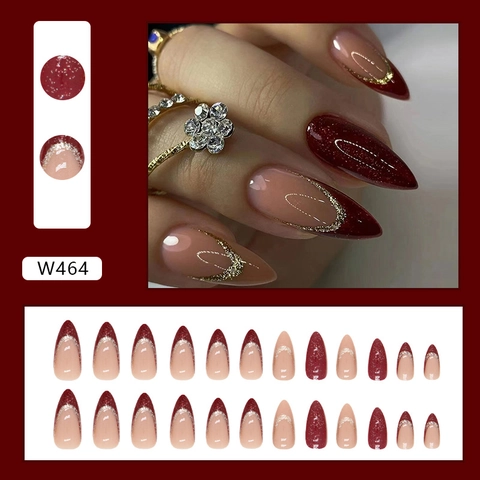 Uñas Postizas A Presión Color Burdeos Rojo Vino Brillo Champaña Estilo Francés Forma Almendra Uñas Artificiales