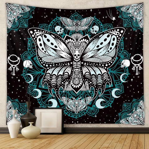 Gothisch Vlinder Skelet Wandtapijt Mystieke Mandala Schedel Maanfase Polyester Wanddecoratie Slaapkamer Woonkamer