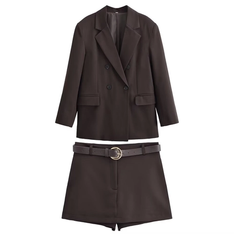Dames Retro Elegante Double Breasted Blazer En Shorts Met Riem Outfit Effen Kleur Streetwear Polyester